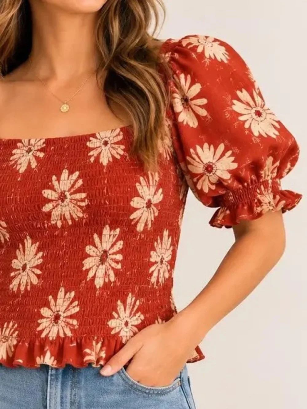 Never Worn Madewell Orange shirred floral puff sleeve blouse